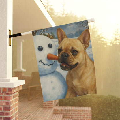 Fawn French Bulldog Snowman Garden Flag