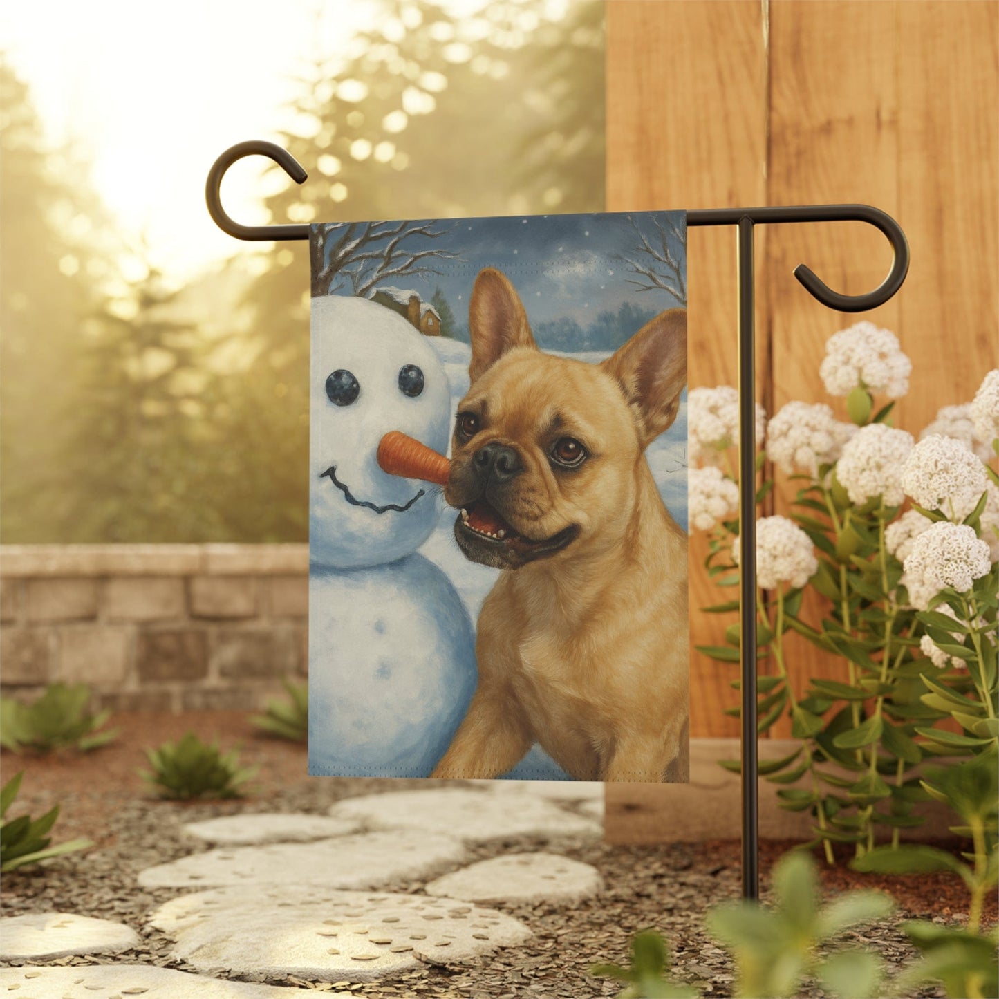 Fawn French Bulldog Snowman Garden Flag