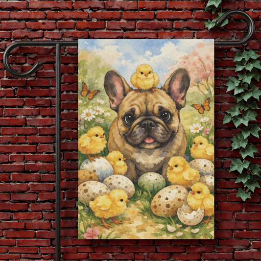 Fawn French Bulldog Spring Chickens Garden Yard Flag 12'' × 18''
