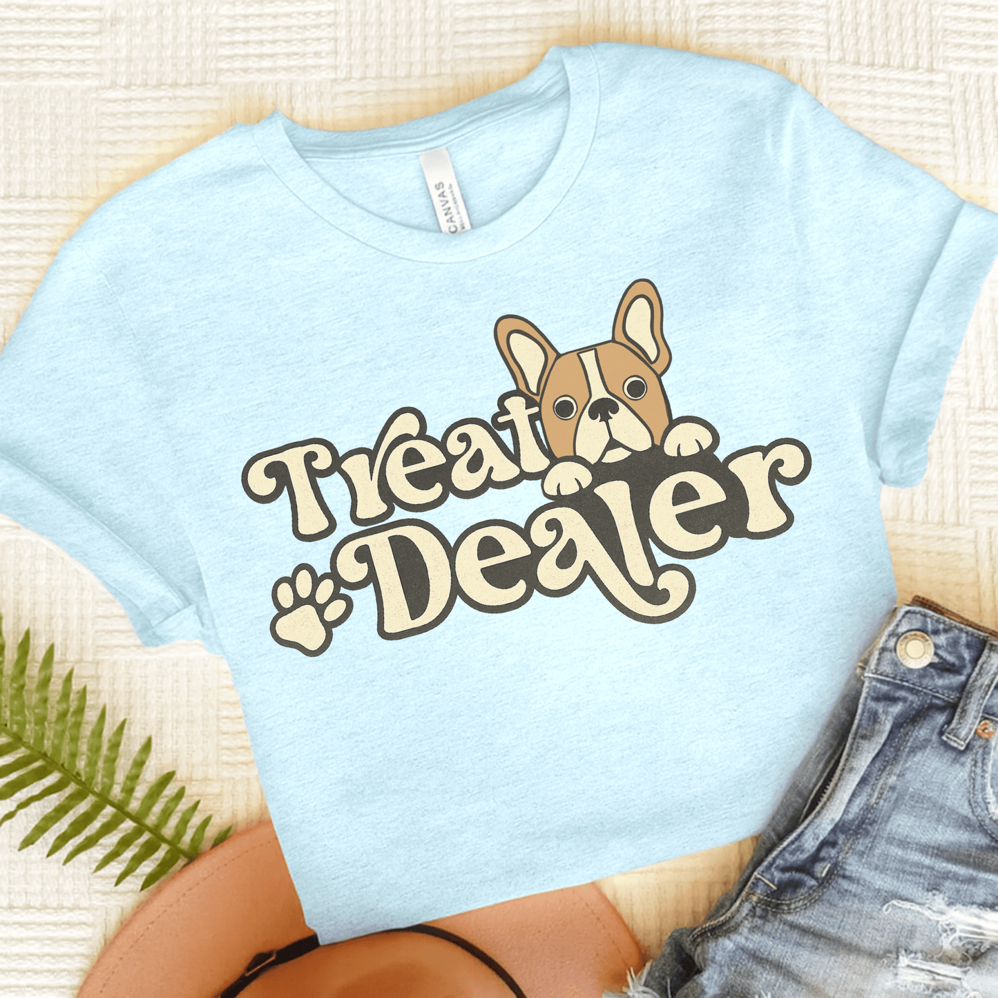 Fawn French Bulldog Treat Dealer TShirt Heather Ice Blue