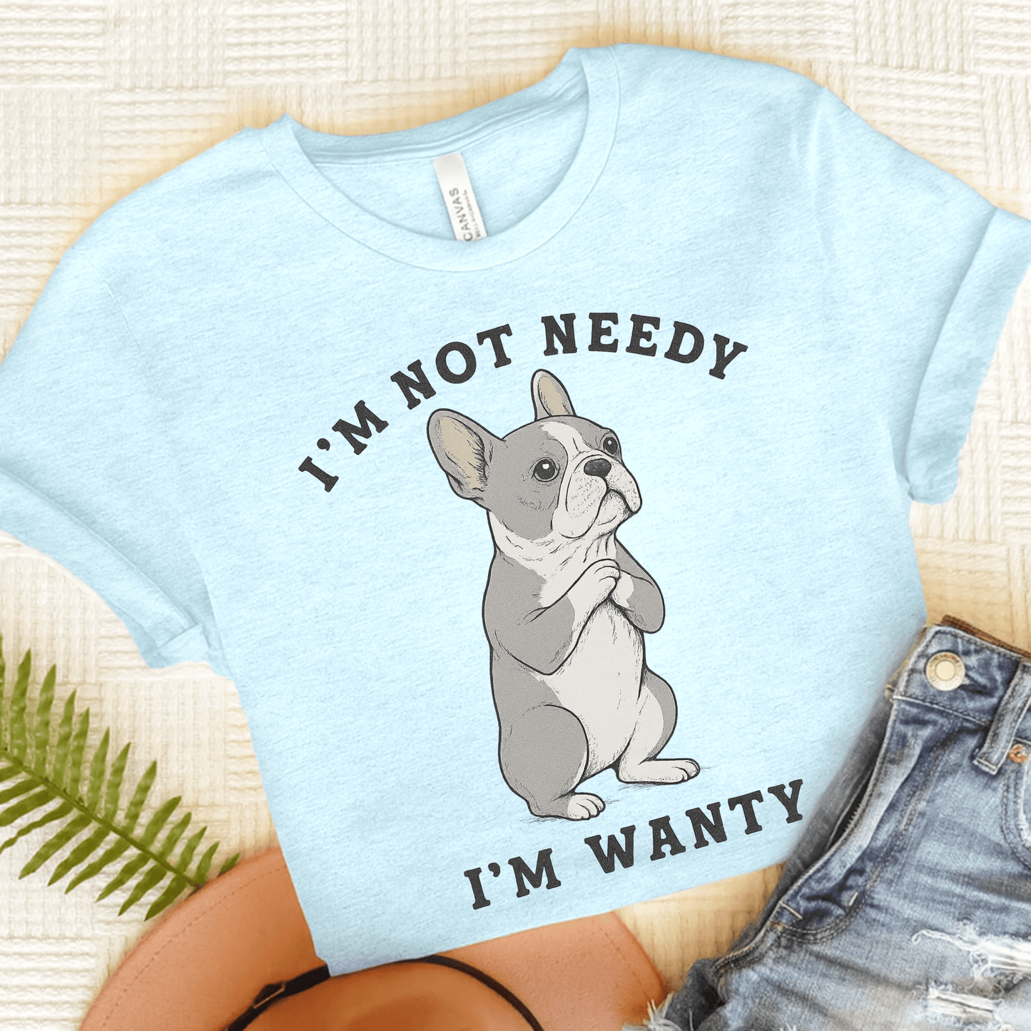 Fawn French Bulldog Wanty TShirt Heather Ice Blue