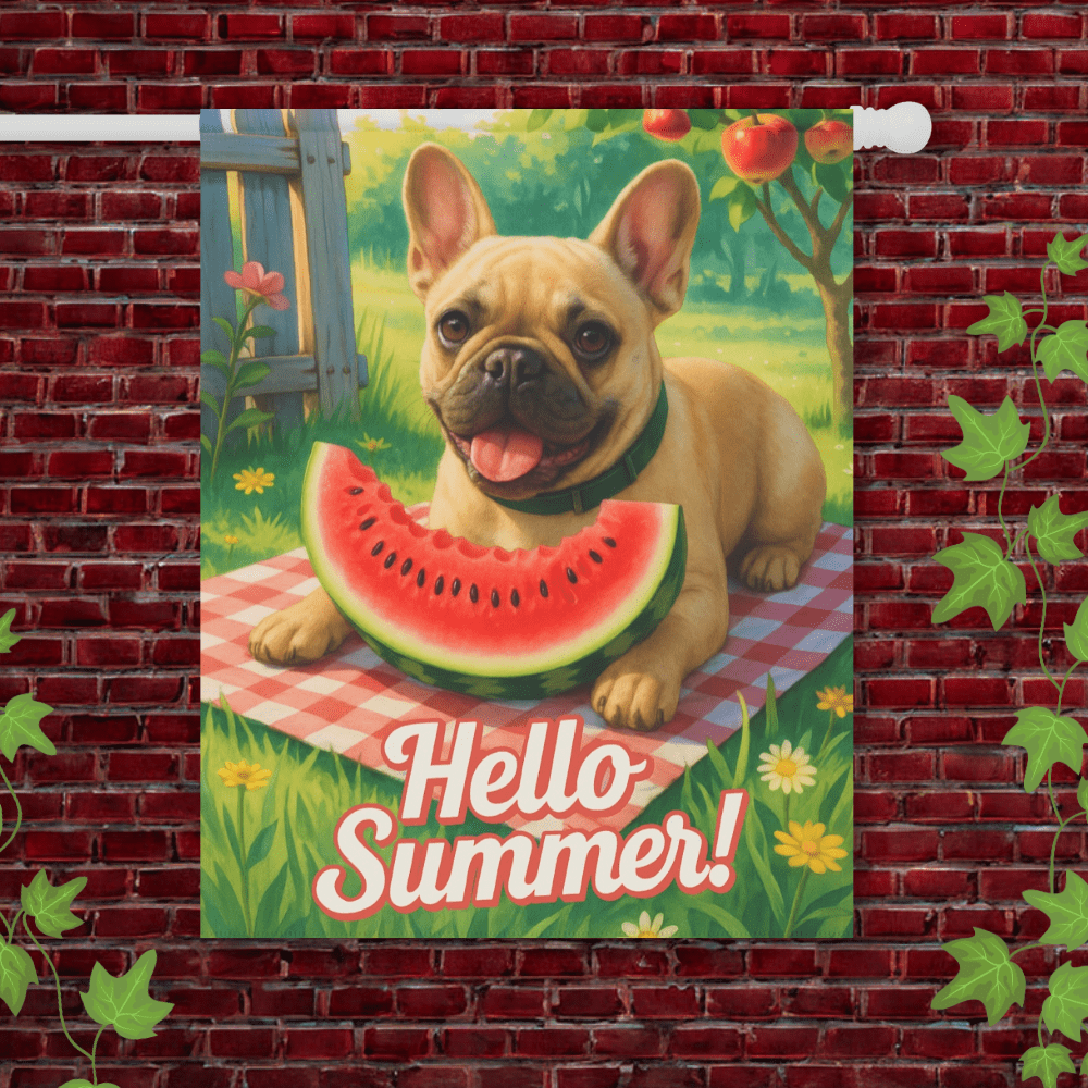Printify Garden Flag 24.5'' × 32'' Fawn French Bulldog Watermelon Garden Flag