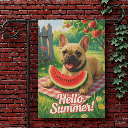 Printify Garden Flag 12'' × 18'' Fawn French Bulldog Watermelon Garden Flag