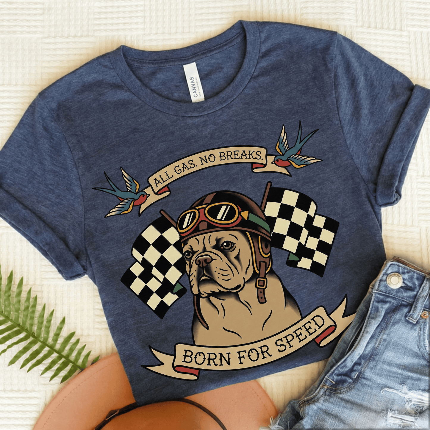 Fawn Frenchie Racing Speed Unisex Tshirt Heather Navy