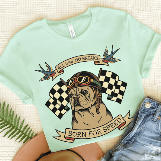 Fawn Frenchie Racing Speed Unisex Tshirt Heather Mint
