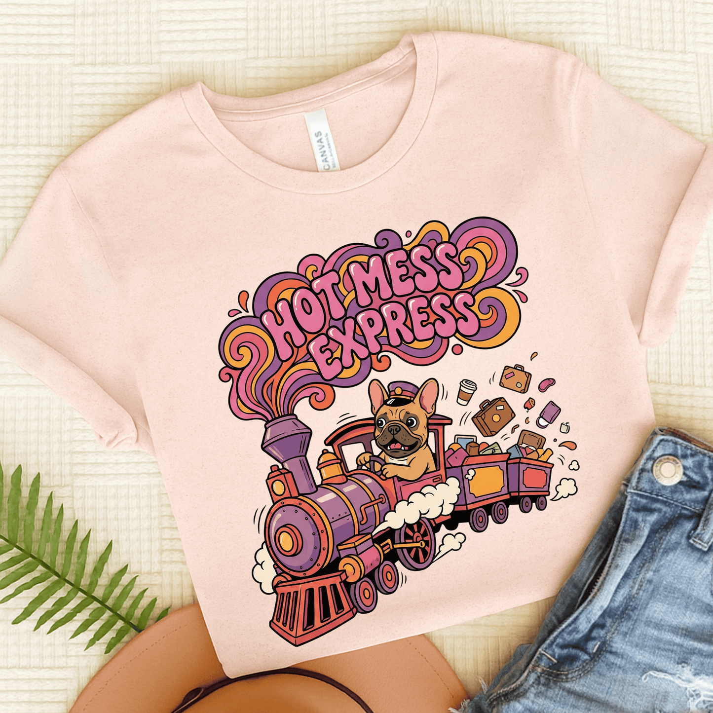 Fawn Frenchie Funny Hot Mess Unisex TShirt Soft Pink