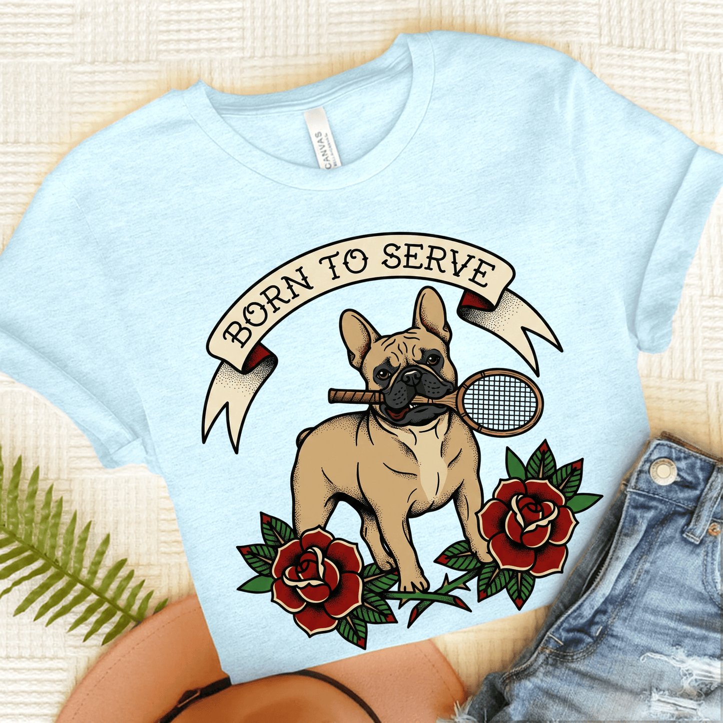 Fawn French Tennis Born to Serve Unisex Tshirt Heather Ice Blue