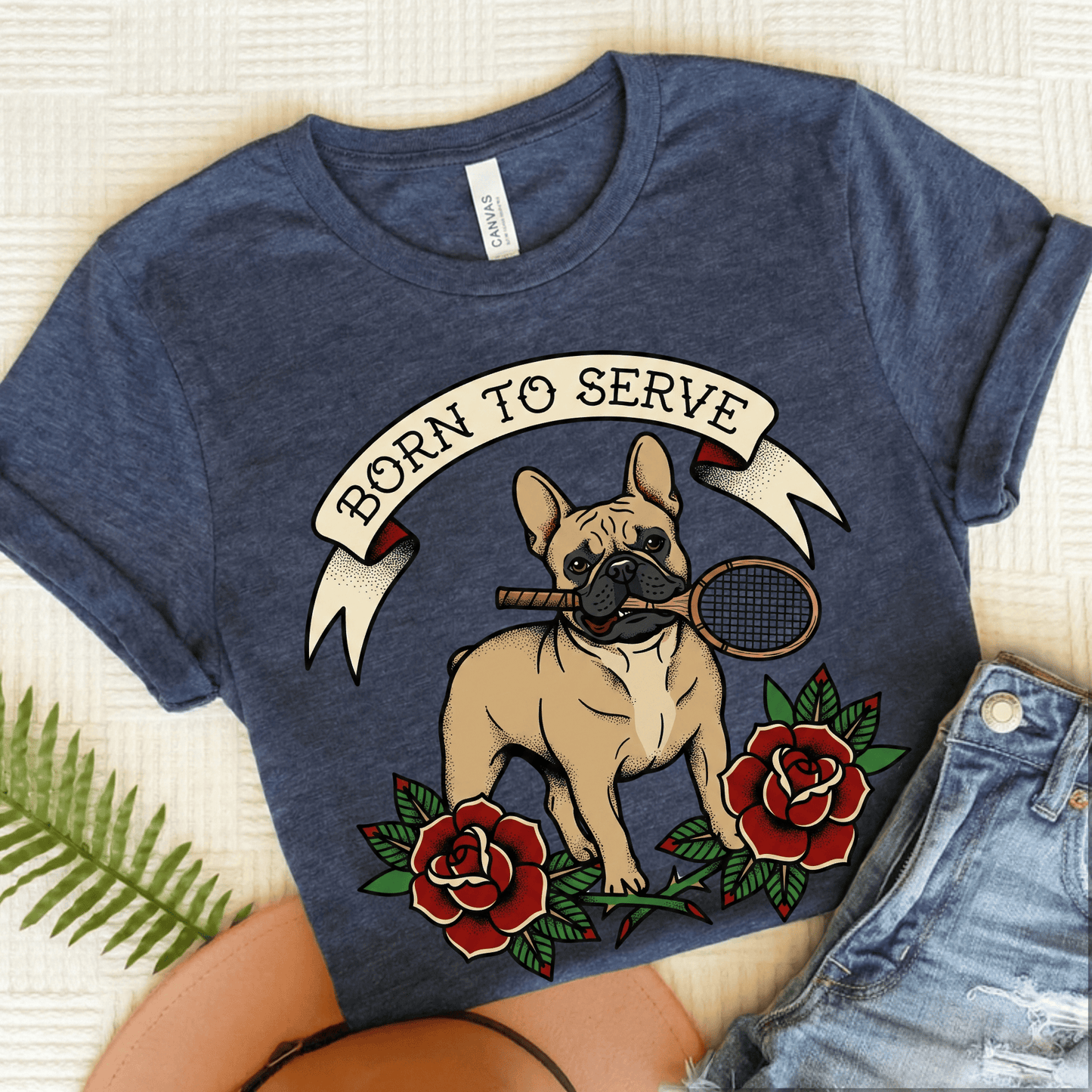 Fawn French Tennis Born to Serve Unisex Tshirt Heather Navy