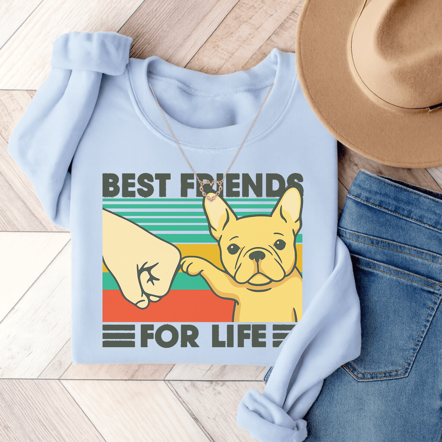 Fawn Frenchie Besties Sweatshirt Light Blue