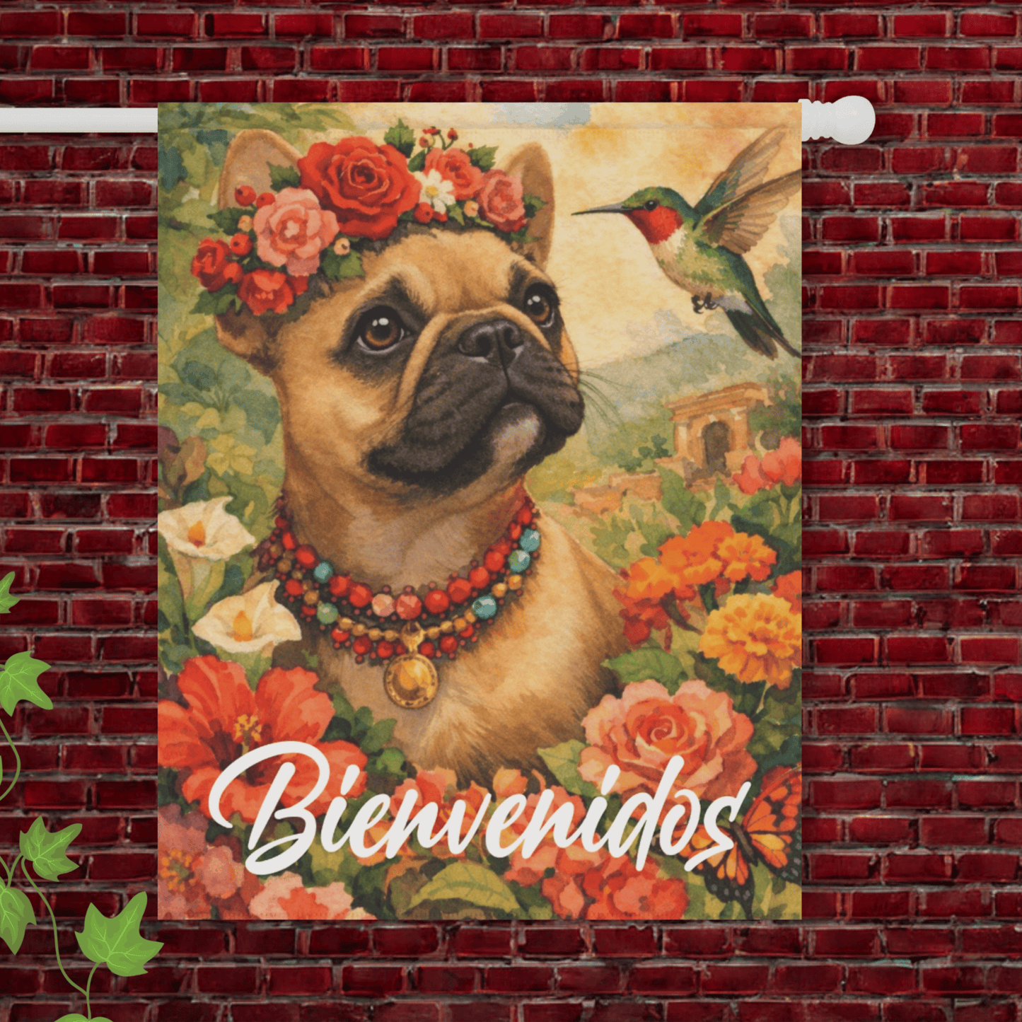 Fawn Frenchie Bienvenidos Spanish Garden Flag 24.5'' × 32''