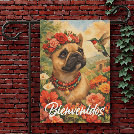 Fawn Frenchie Bienvenidos Spanish Garden Flag 12'' × 18''