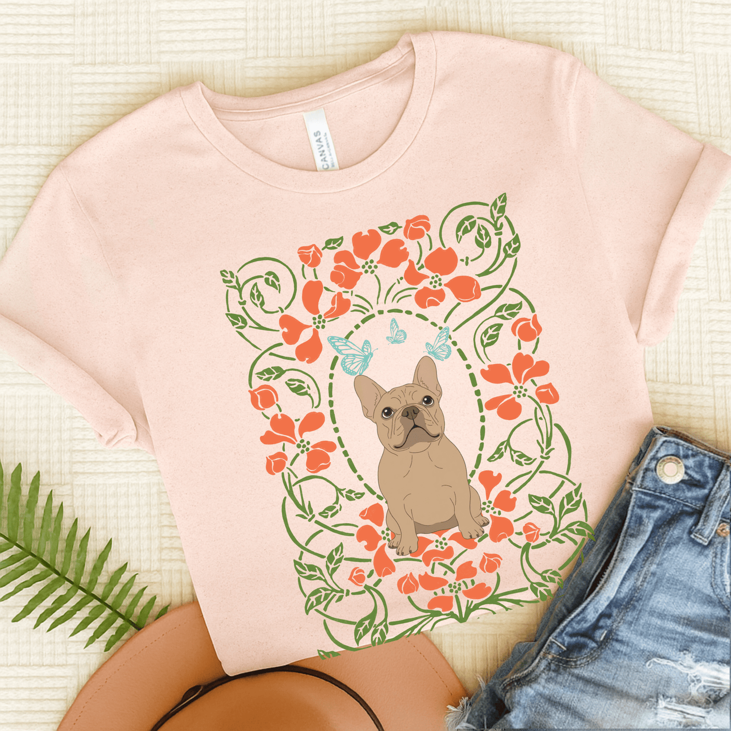 Fawn Frenchie Butterflies Frame TShirt Soft Pink