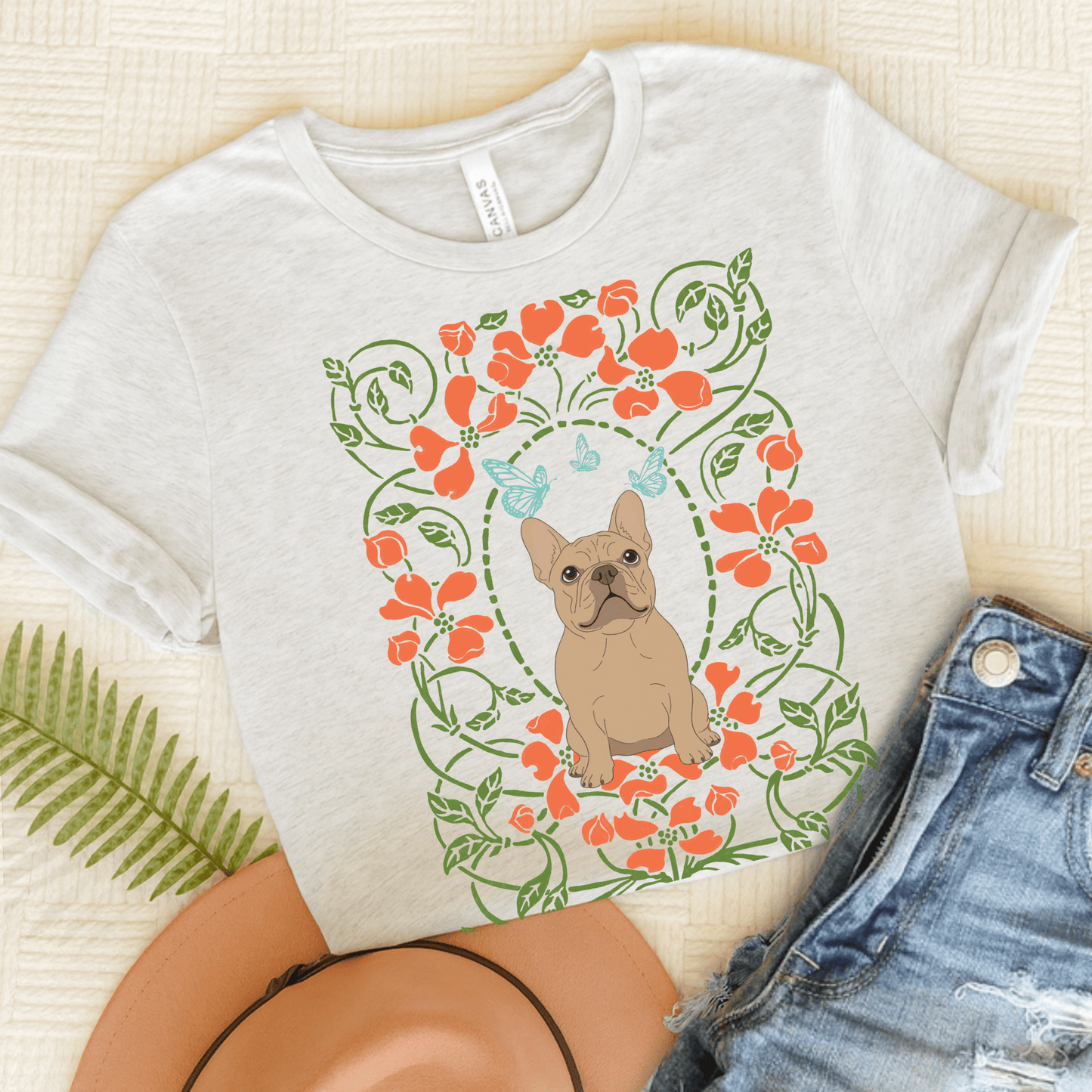 Fawn Frenchie Butterflies Frame TShirt Ash