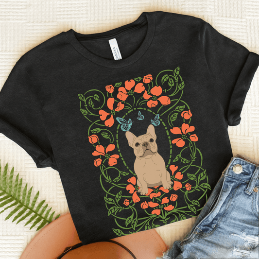 Fawn Frenchie Butterflies Frame TShirt Dark Grey Heather