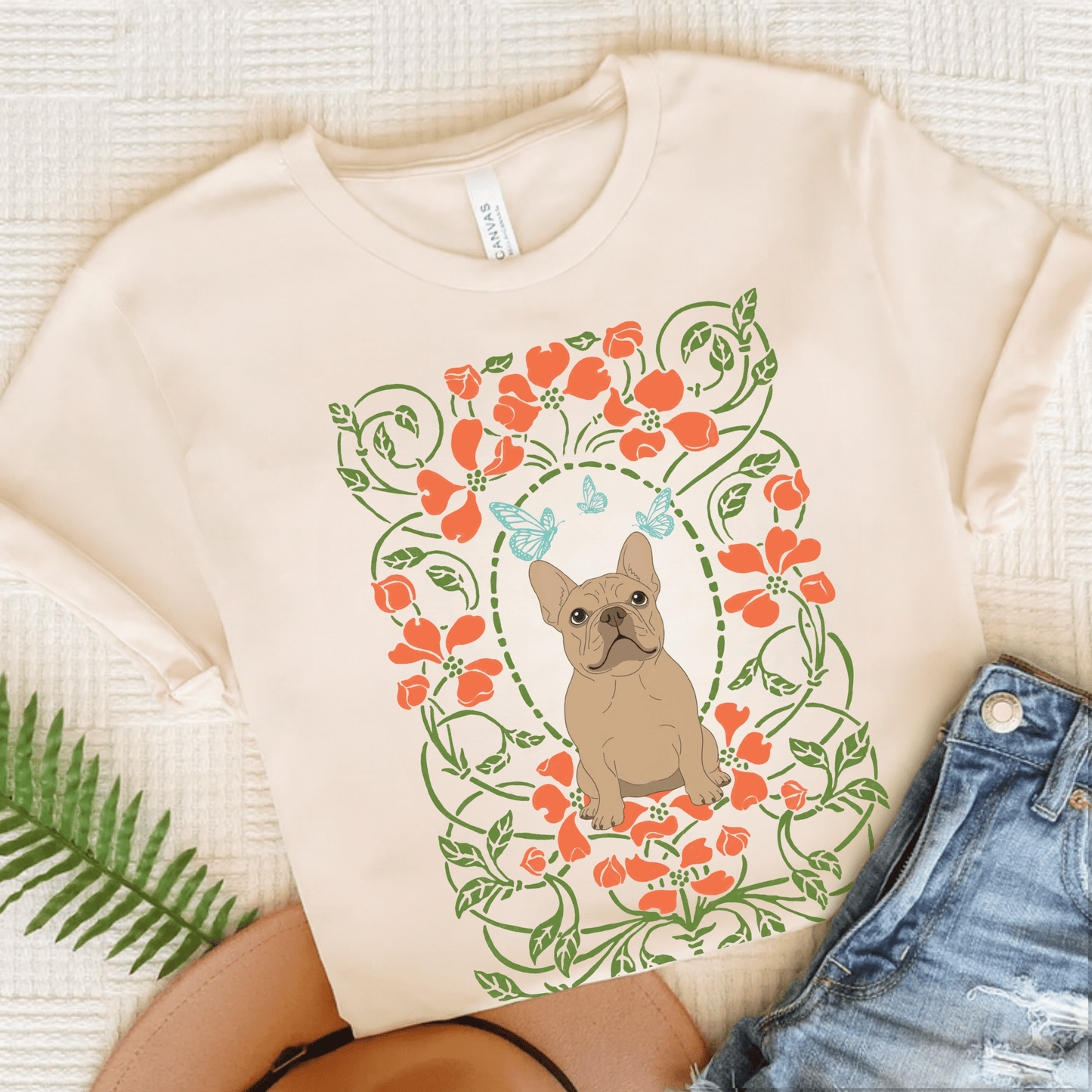 Fawn Frenchie Butterflies Frame TShirt Natural