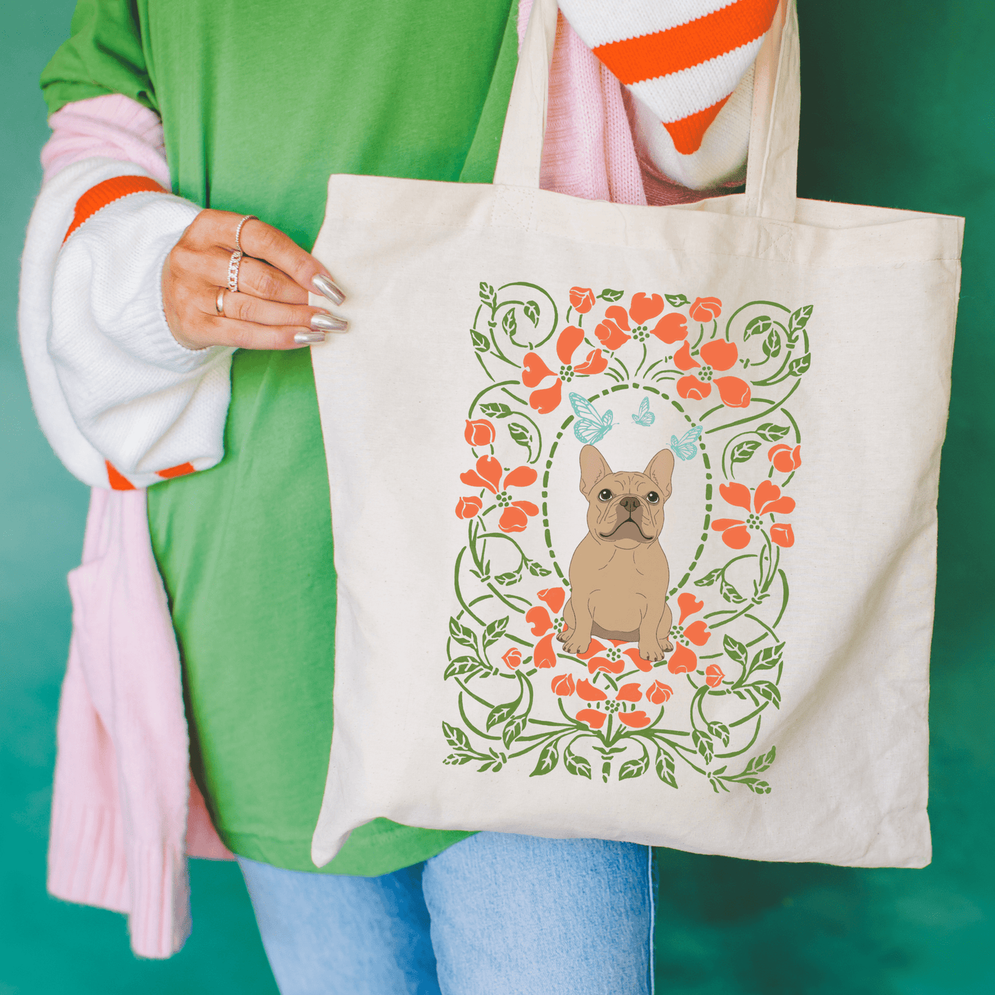 Fawn Frenchie Butterfly Frame Tote Bag Natural 15" x 16"