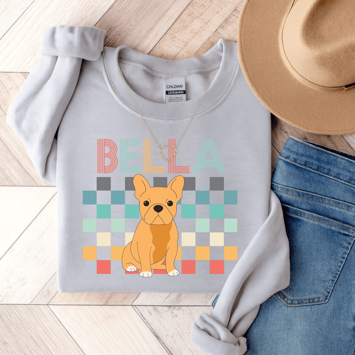 Fawn Frenchie Checkered Sweatshirt Ash