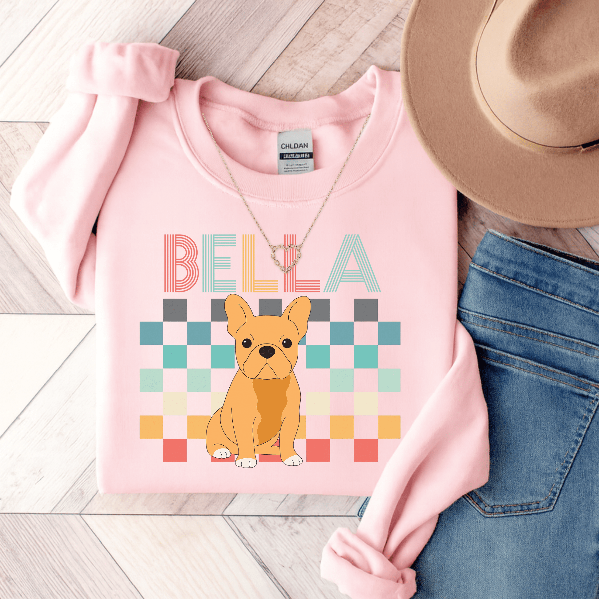 Fawn Frenchie Checkered Sweatshirt Light Pink