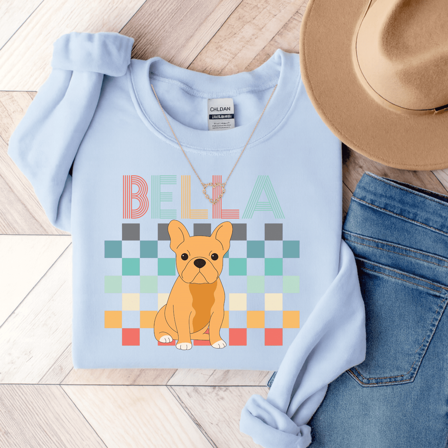 Fawn Frenchie Checkered Sweatshirt Light Blue