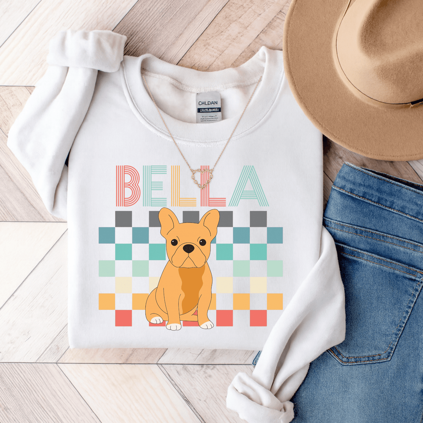 Fawn Frenchie Checkered Sweatshirt White