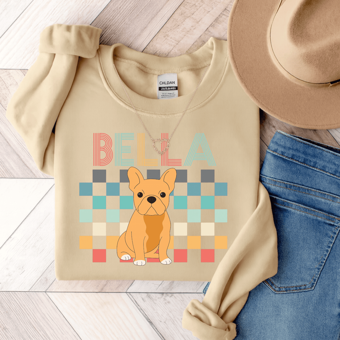 Fawn Frenchie Checkered Sweatshirt Sand