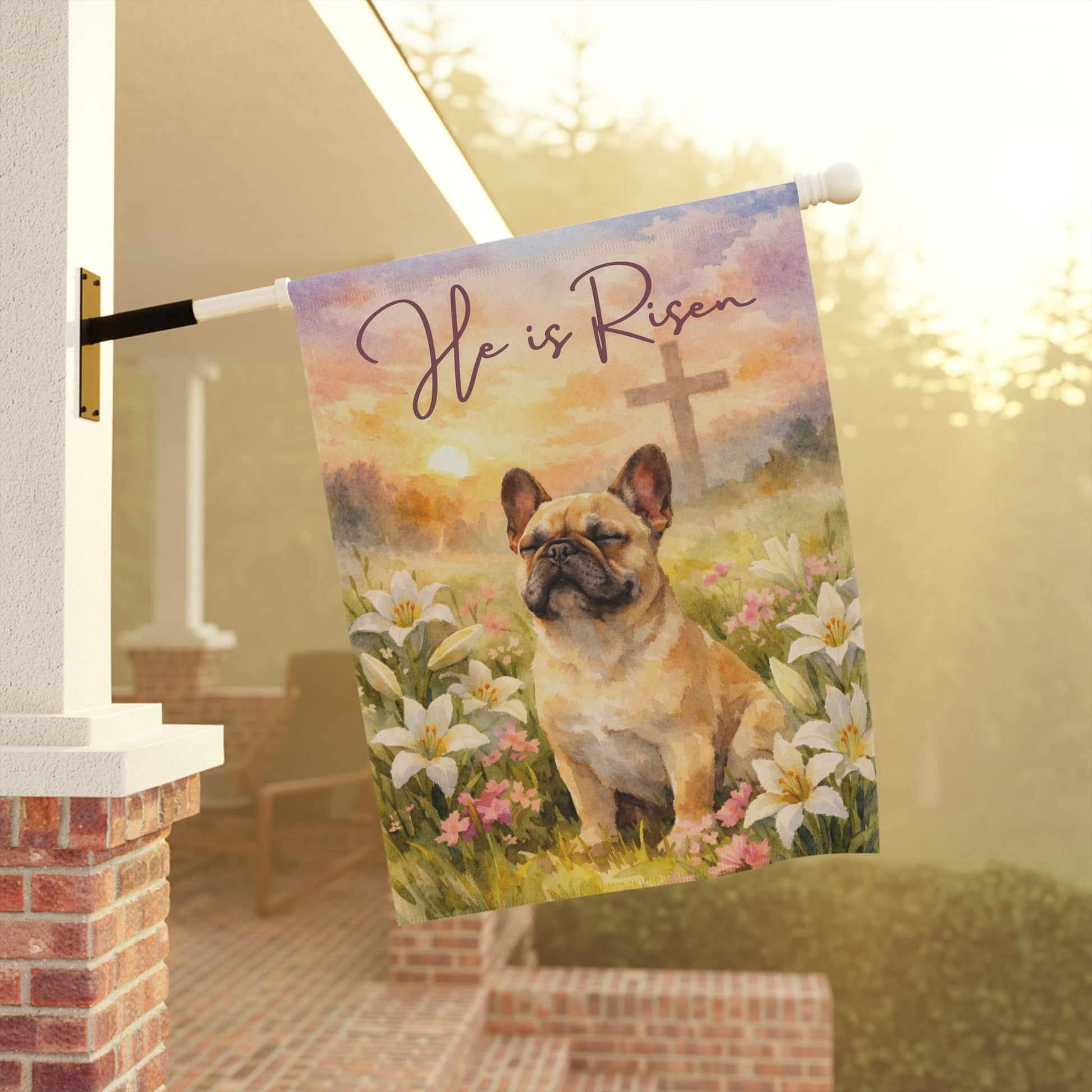 Personalized Frenchie Christian He is Risen Garden Flag