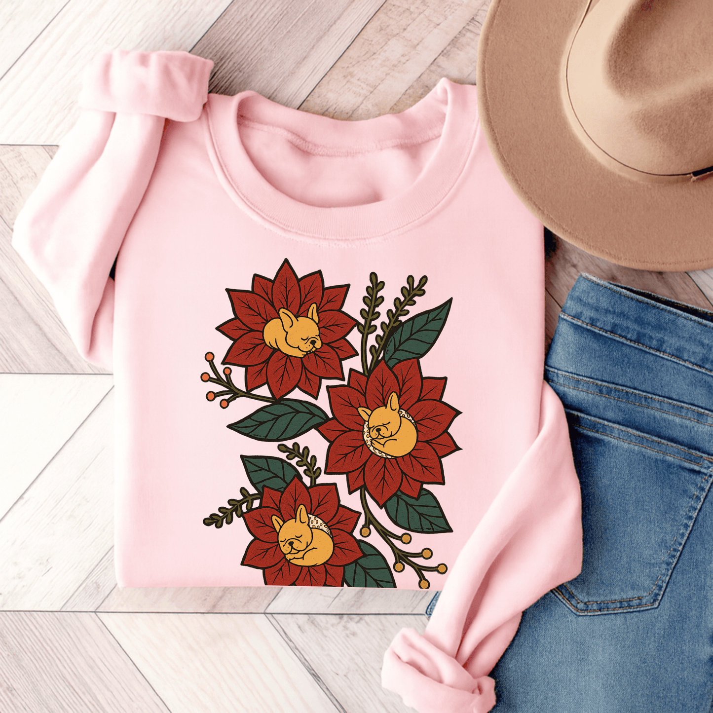 Fawn Frenchie Christmas Flower Sweatshirt Light Pink