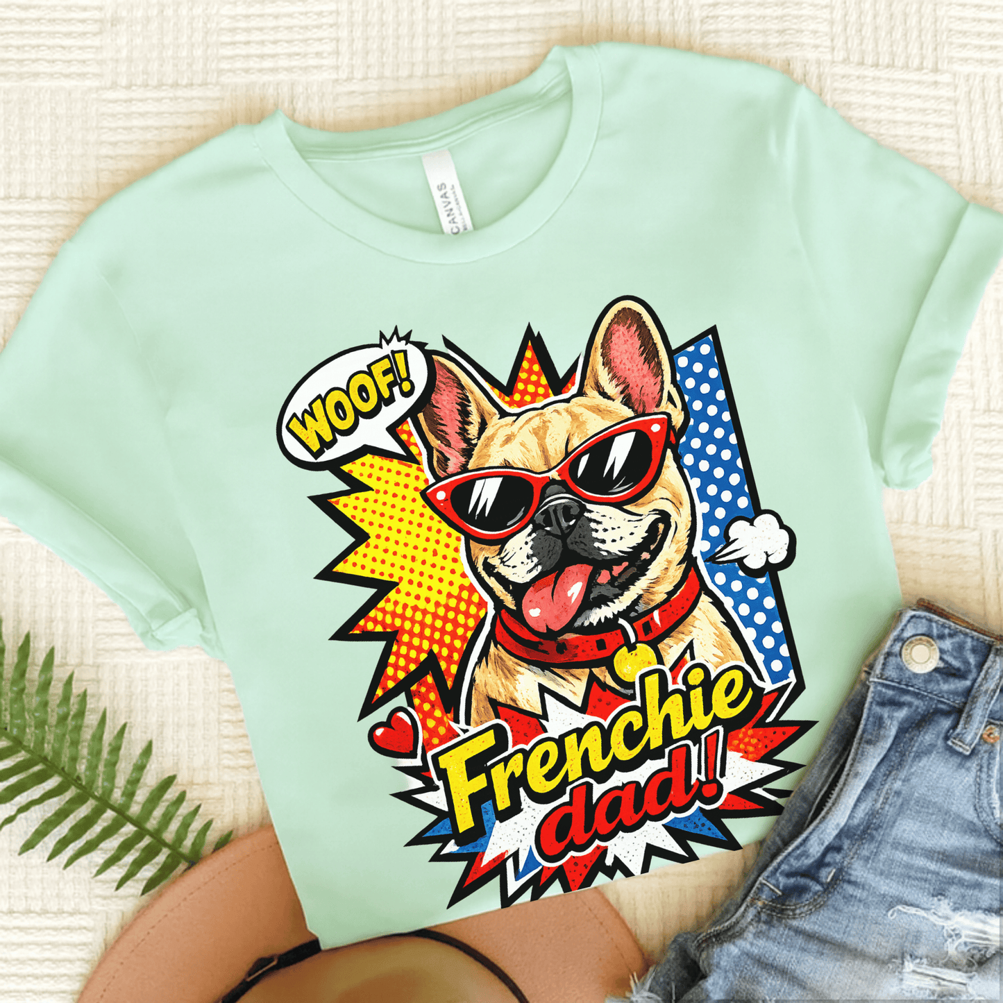 Fawn Frenchie Dad Fathers Day Cartoon Unisex TShirt Heather Mint