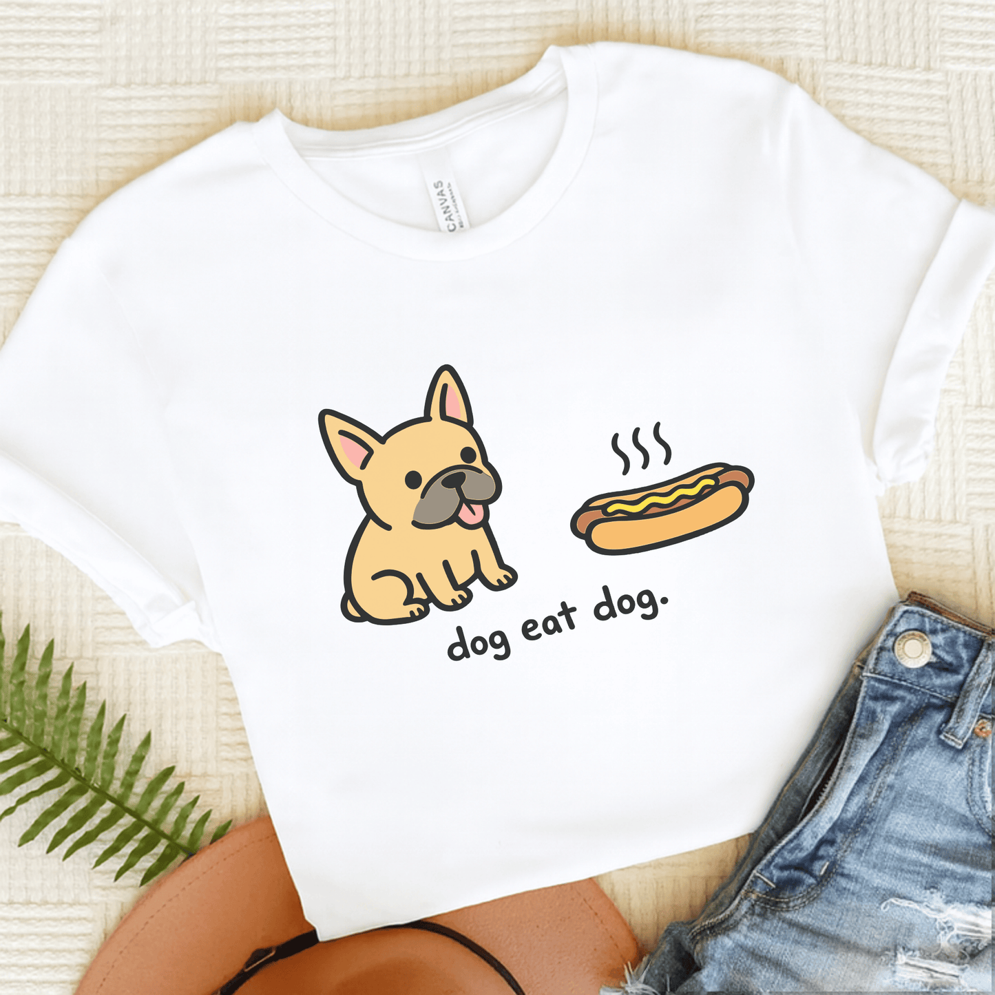 Fawn Frenchie Dog Eat Hotdog Foodie Unisex TShirt White