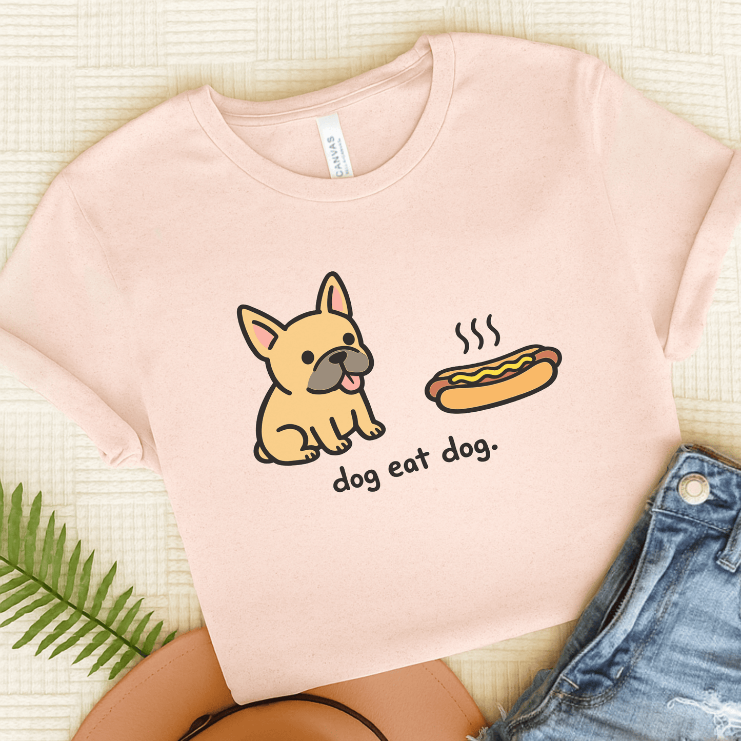 Fawn Frenchie Dog Eat Hotdog Foodie Unisex TShirt Soft Pink