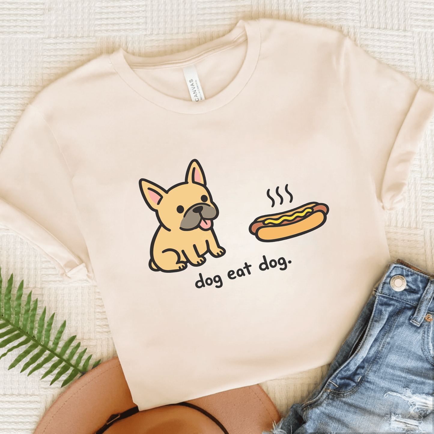 Fawn Frenchie Dog Eat Hotdog Foodie Unisex TShirt Natural