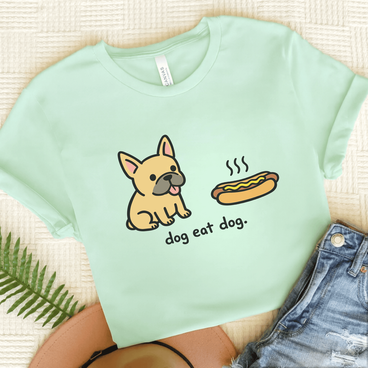 Fawn Frenchie Dog Eat Hotdog Foodie Unisex TShirt Heather Mint