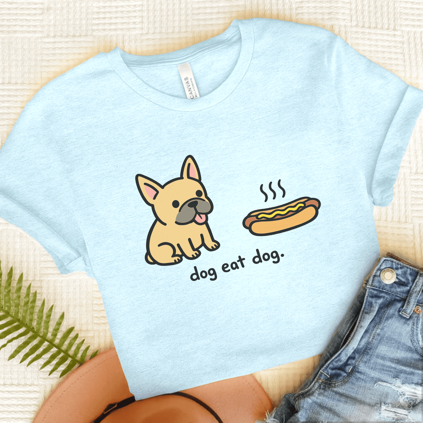 Fawn Frenchie Dog Eat Hotdog Foodie Unisex TShirt Heather Ice Blue