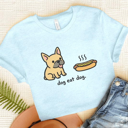 Fawn Frenchie Dog Eat Hotdog Foodie Unisex TShirt Heather Ice Blue