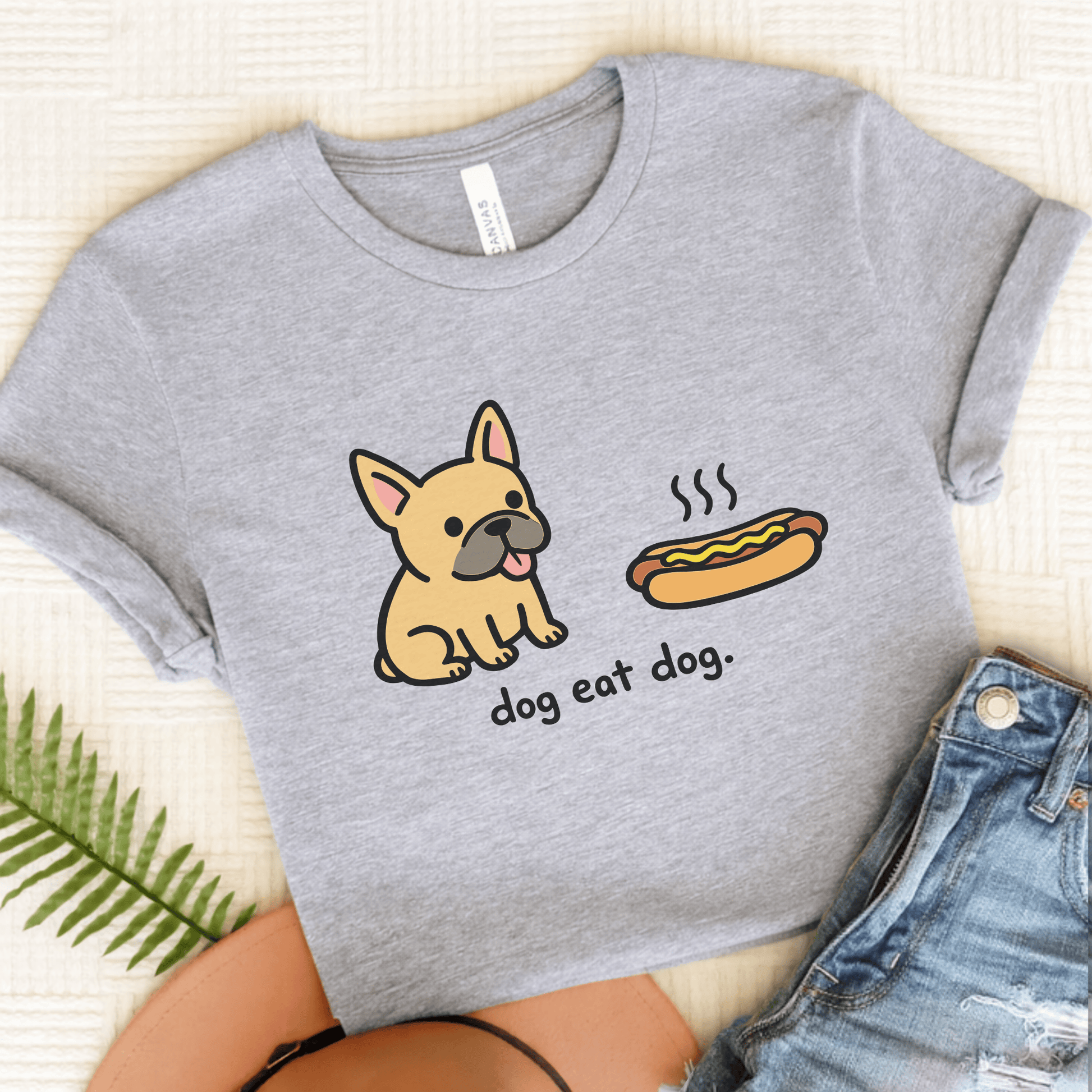 Fawn Frenchie Dog Eat Hotdog Foodie Unisex TShirt Athletic Heather