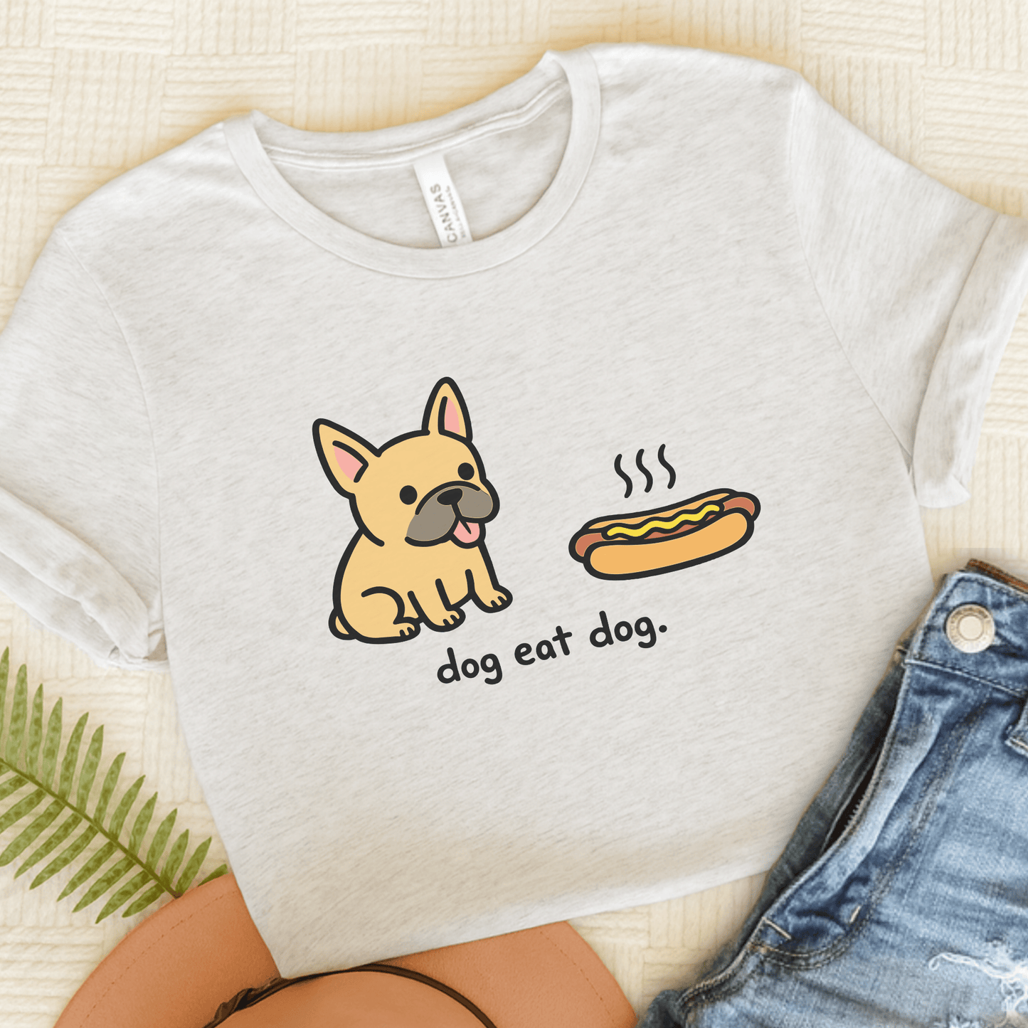 Fawn Frenchie Dog Eat Hotdog Foodie Unisex TShirt Ash