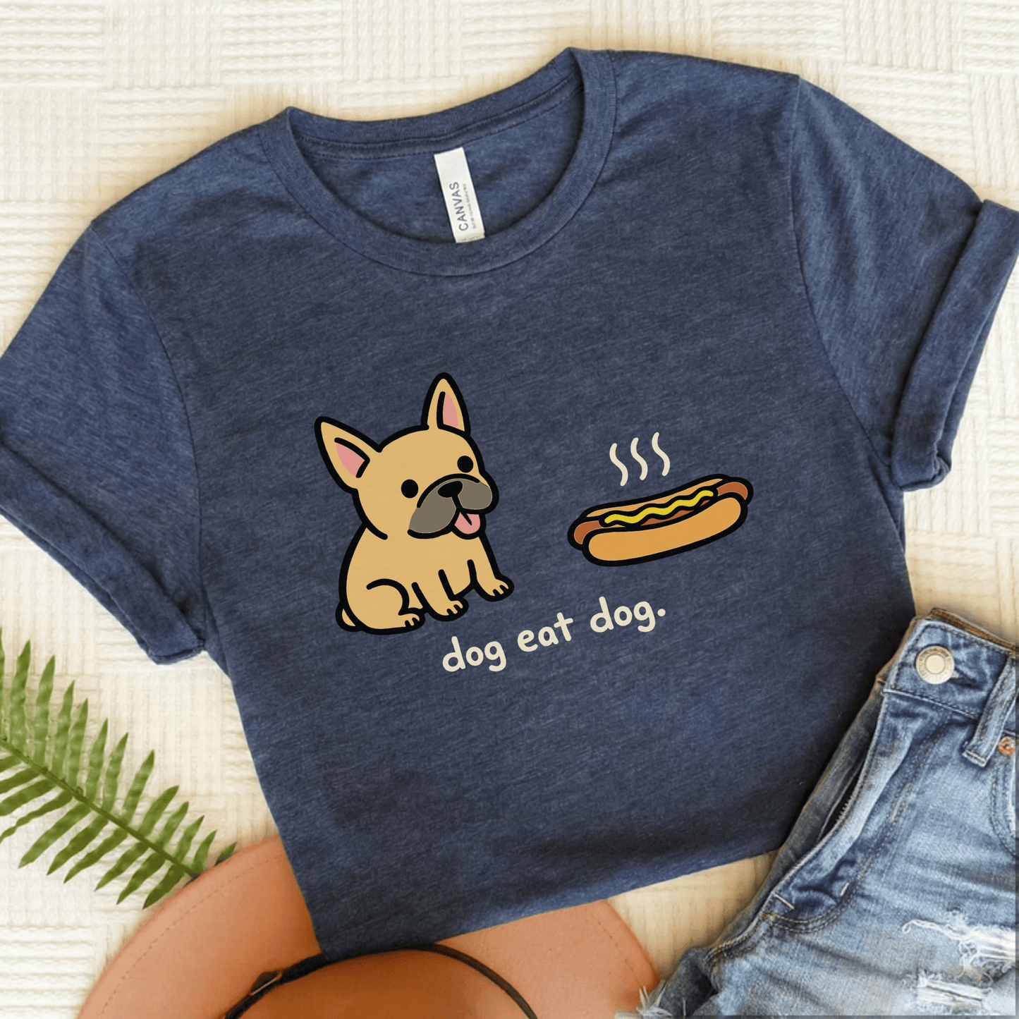 Fawn Frenchie Dog Eat Hotdog Foodie Unisex TShirt Heather Navy