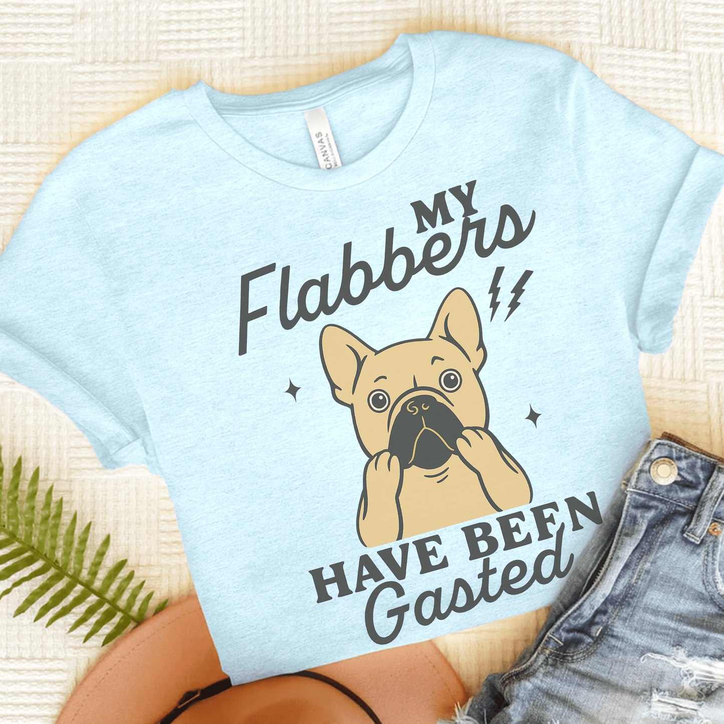 Fawn Frenchie Flabbergasted Tshirt Heather Ice Blue