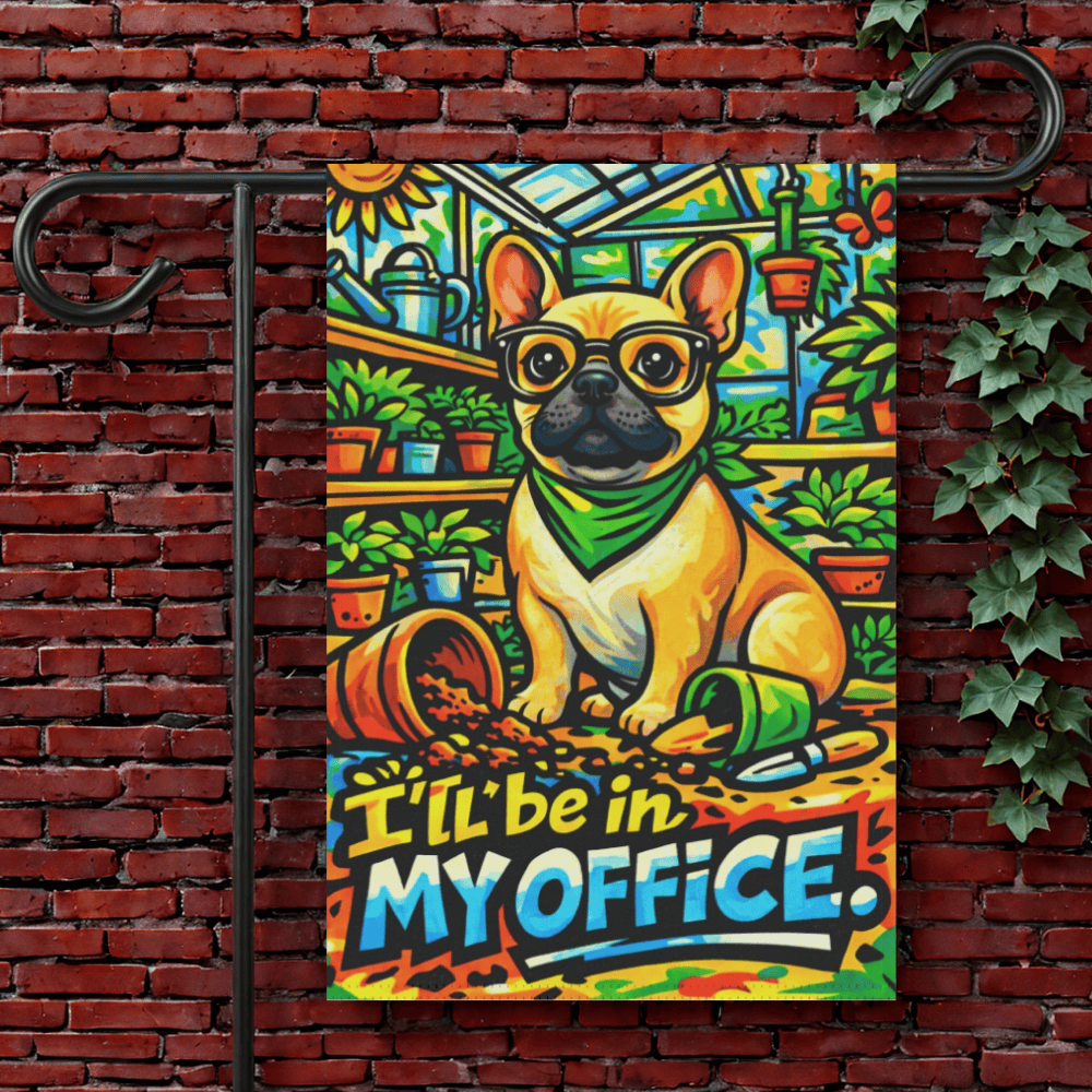 Fawn Frenchie Gardening In My Office Garden Flag 12'' × 18''