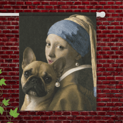 Fawn Frenchie Girl with a Pearl Earring Garden Flag 24.5'' × 32''