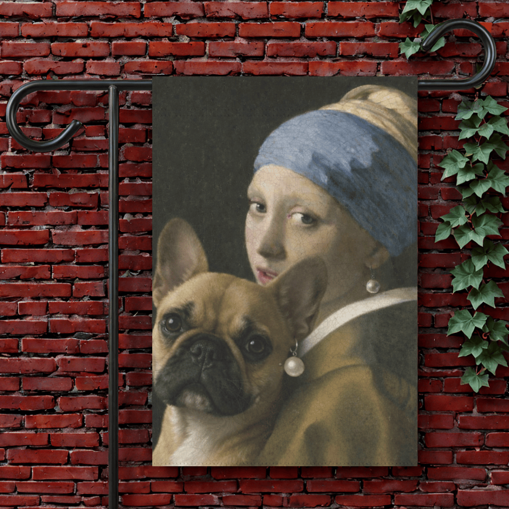 Fawn Frenchie Girl with a Pearl Earring Garden Flag 12'' × 18''