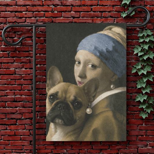 Fawn Frenchie Girl with a Pearl Earring Garden Flag 12'' × 18''