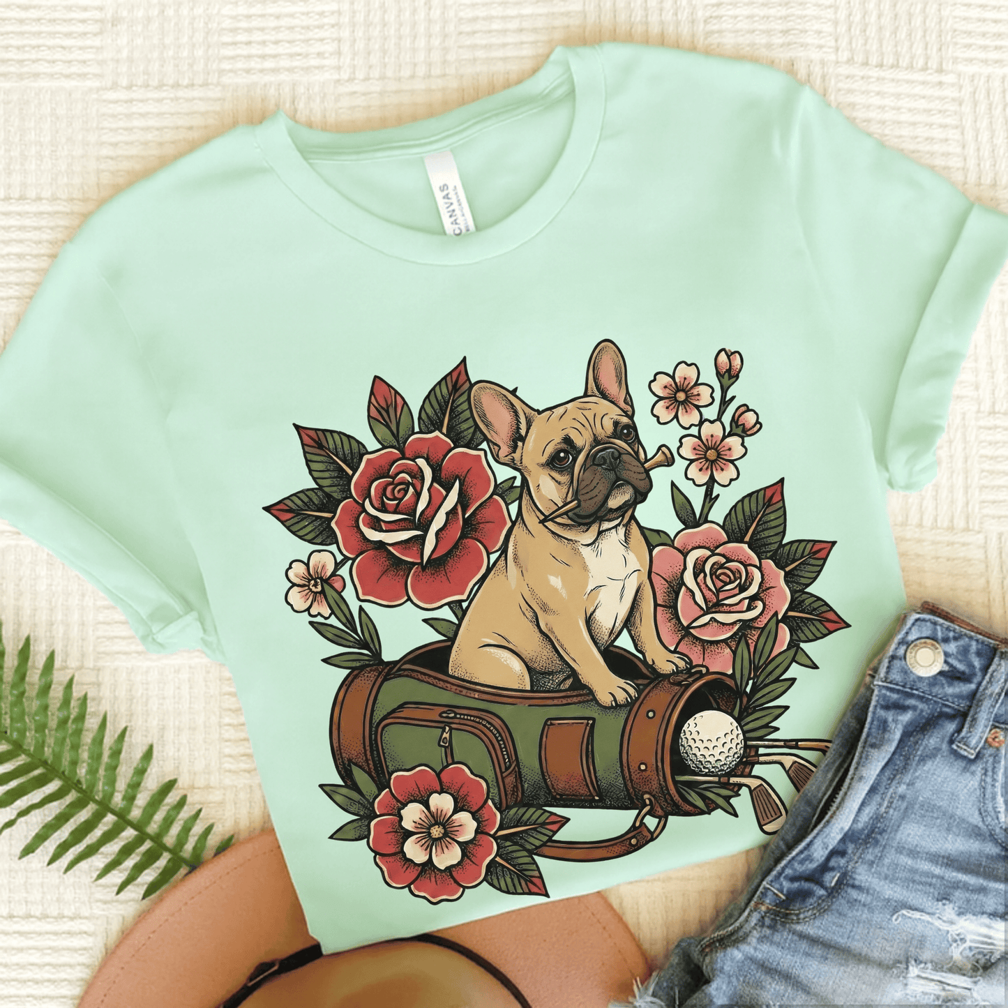 Fawn Frenchie Golfing Golfer Unisex TShirt Heather Mint