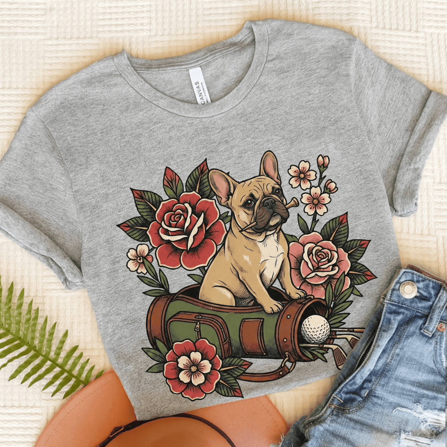 Fawn Frenchie Golfing Golfer Unisex TShirt Athletic Heather