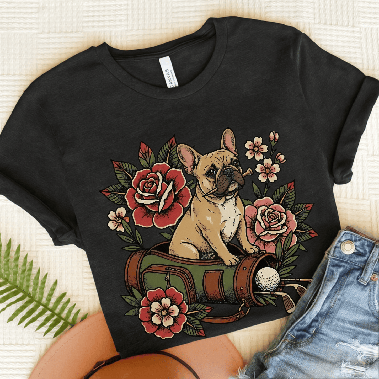 Fawn Frenchie Golfing Golfer Unisex TShirt Dark Grey Heather