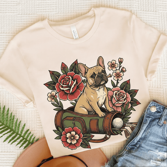 Fawn Frenchie Golfing Golfer Unisex TShirt Natural