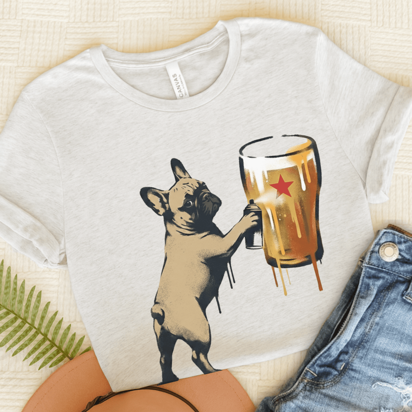 Fawn Frenchie Graffiti Beer Unisex TShirt Ash
