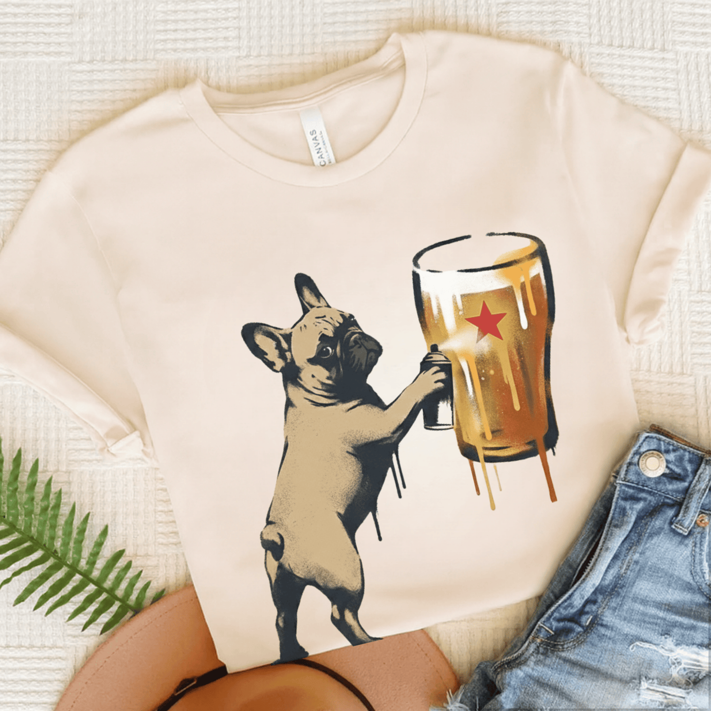 Fawn Frenchie Graffiti Beer Unisex TShirt Natural