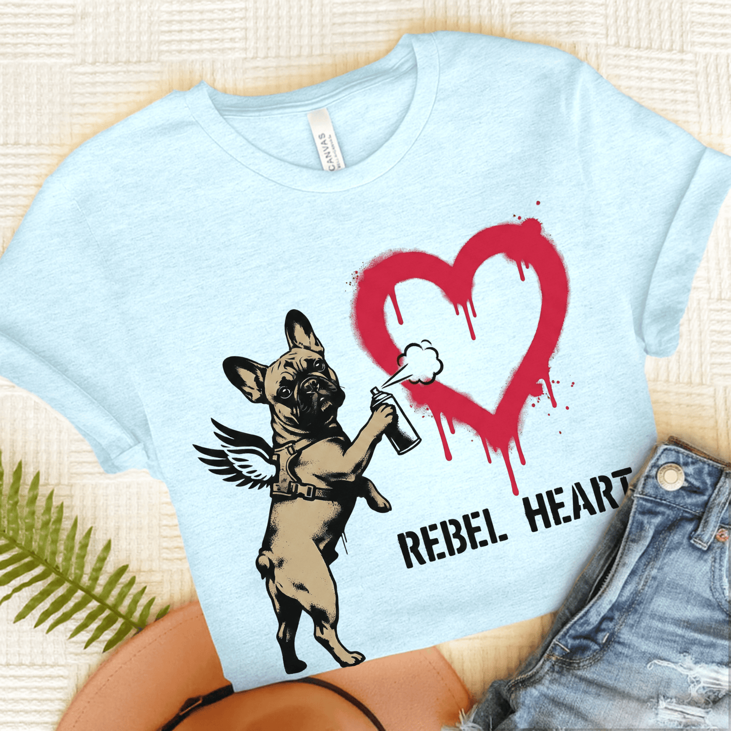 Fawn Frenchie Graffiti Cupid Unisex TShirt Heather Ice Blue