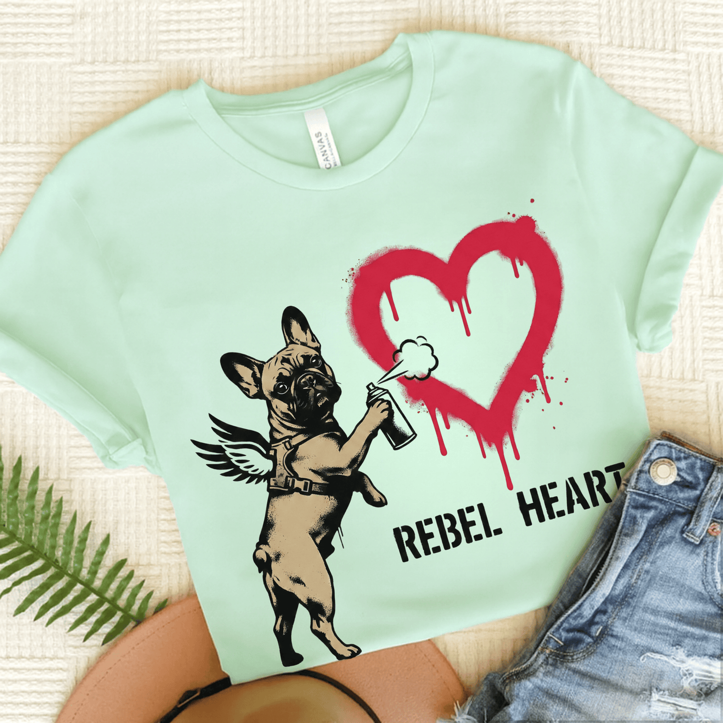 Fawn Frenchie Graffiti Cupid Unisex TShirt Heather Mint